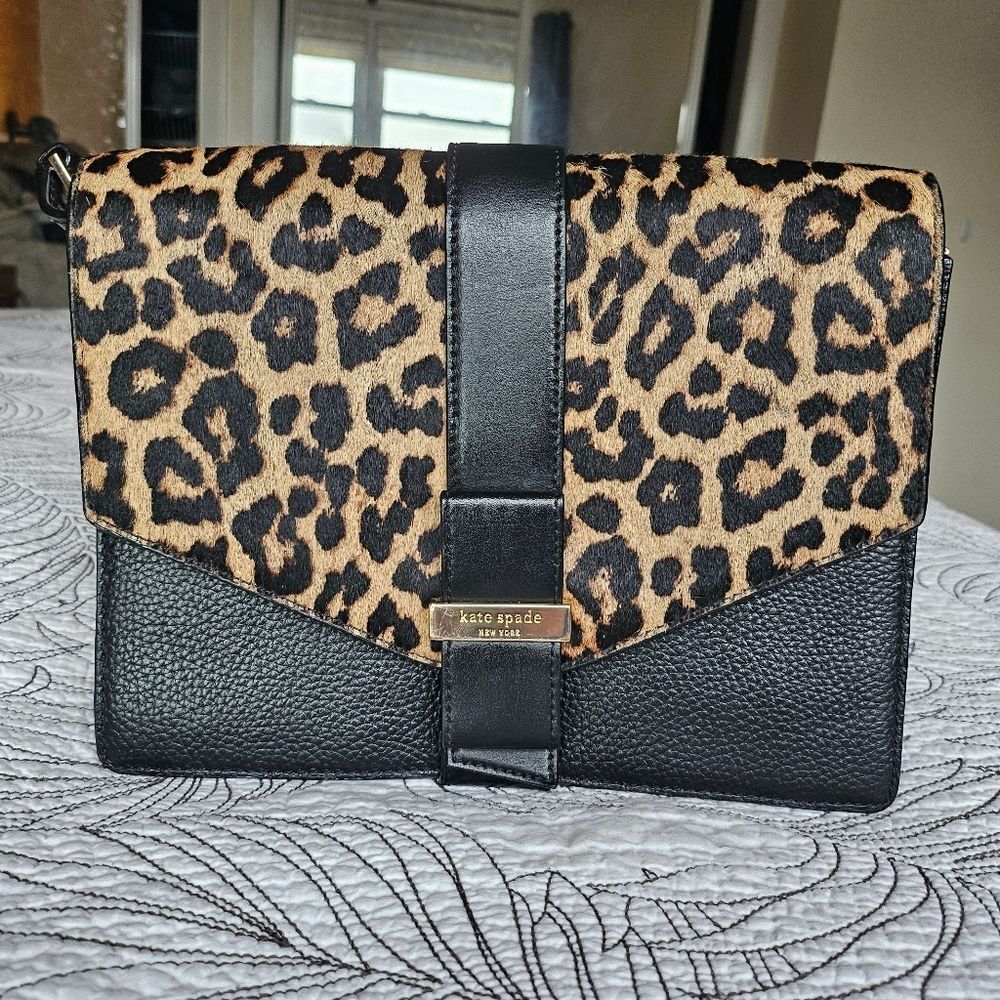 GUC Kate Spade Havana Parchment Drive Calf Hair Leopard Black Crossbody Bag